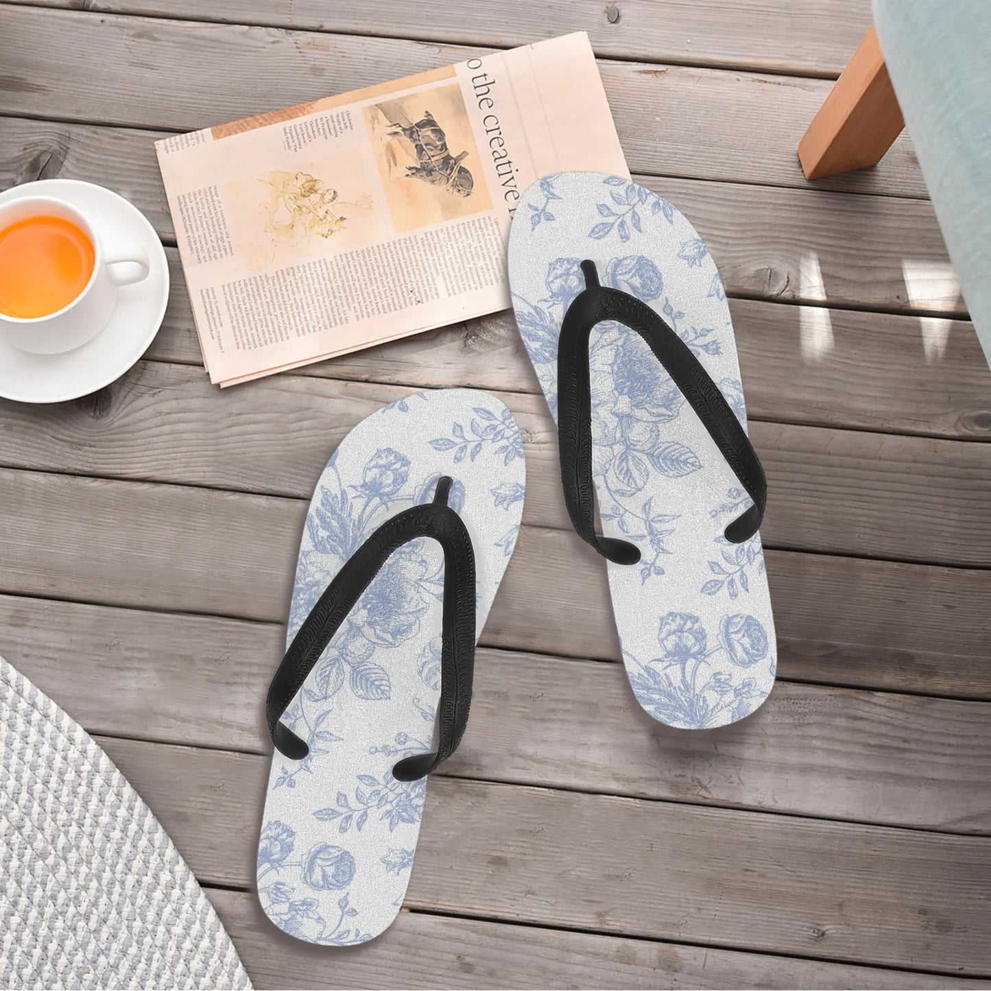 Womens Preppy Blue Toile Flip Flops