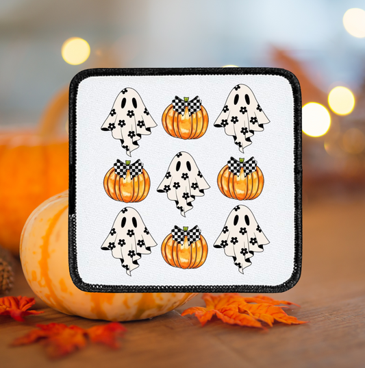 Black and white ghost with pumpkins ~ Square Patch